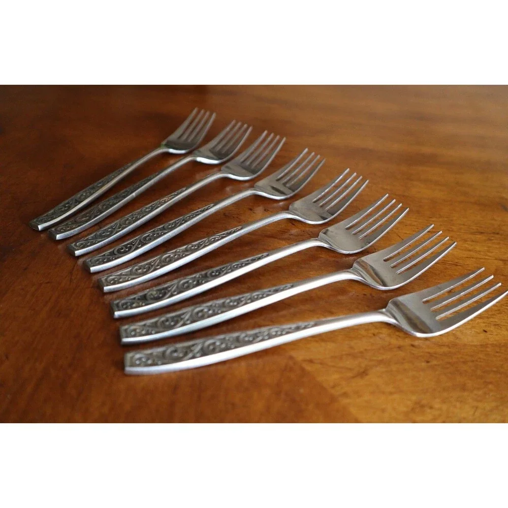 Lot 8x Imperial International IIC DAVOS Stainless Black Floral Salad Fork 6.25